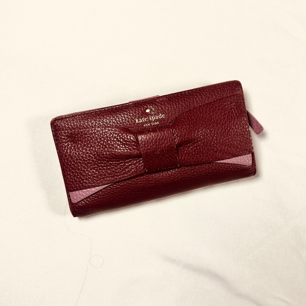 Kate Spade New York Pebbled Leather Bow Bifold Wallet Burgundy Pink